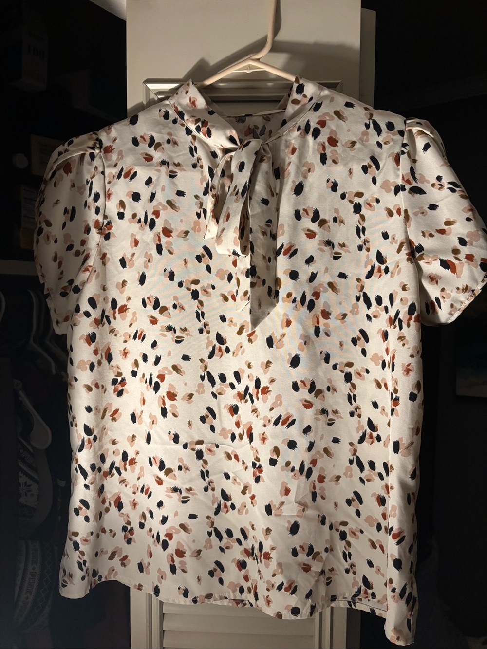 Women’s Cream Tie-Neck Short Sleeve Blouse with Multi-Colored Spot Print